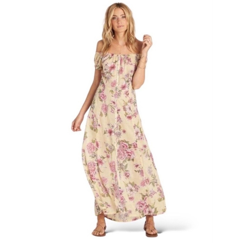 Billabong Maxi Dress XS Yellow Floral Cotton Exc Button Front Cottagecore Boho